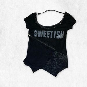 JAPANESE Grunge punk SWEETISH Black rhinestone top with halter neck